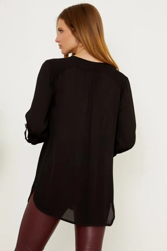 Sosandar Black Gold Zip Detail Longline Tunic Top Black Women Tops