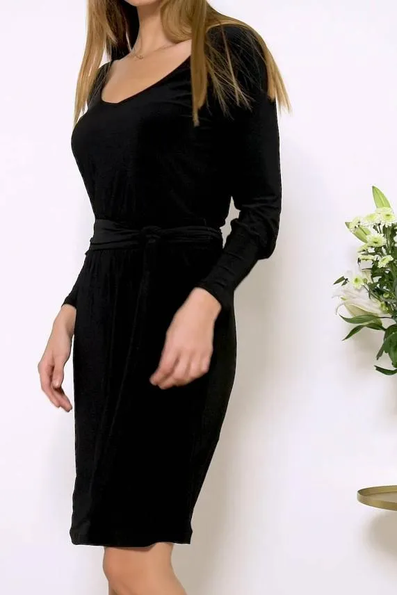 Sosandar Black Jersey Tie Waist Long Sleeve Dress Black Women Dresses