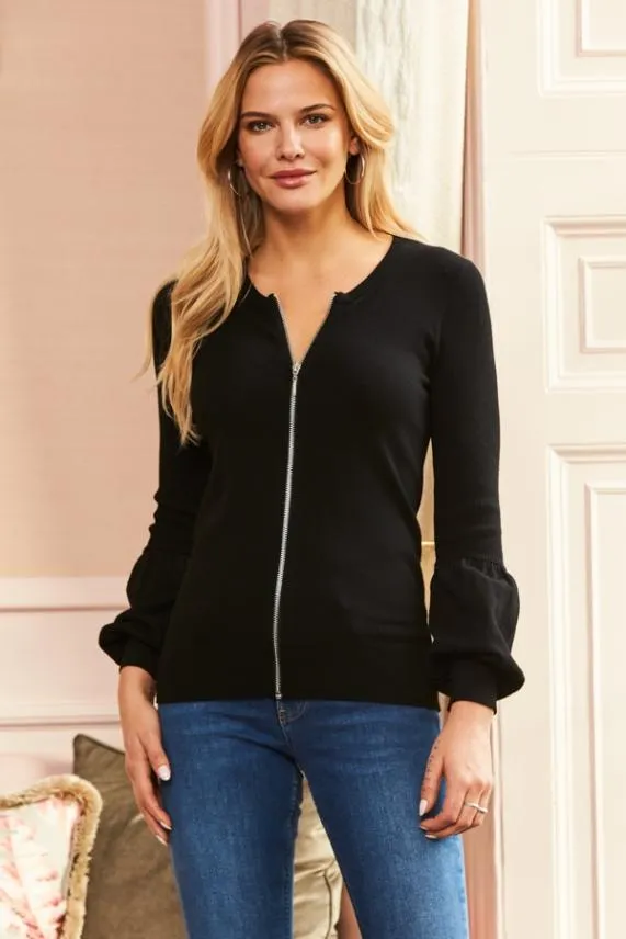 Sosandar Black Knitted Zip Front Cardigan Black Women Knitwear