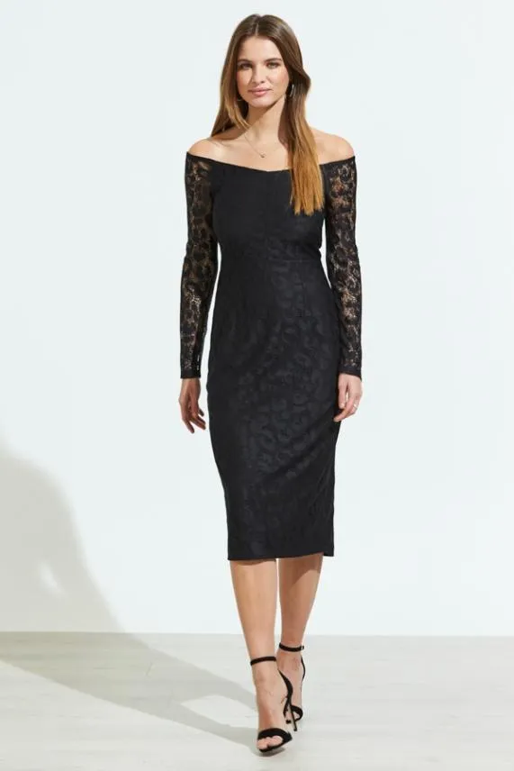 Sosandar Black Lace Long Sleeve Bardot Midi Dress Black Women Dresses