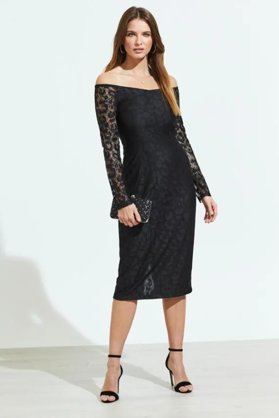 Sosandar Black Lace Long Sleeve Bardot Midi Dress Black Women Dresses