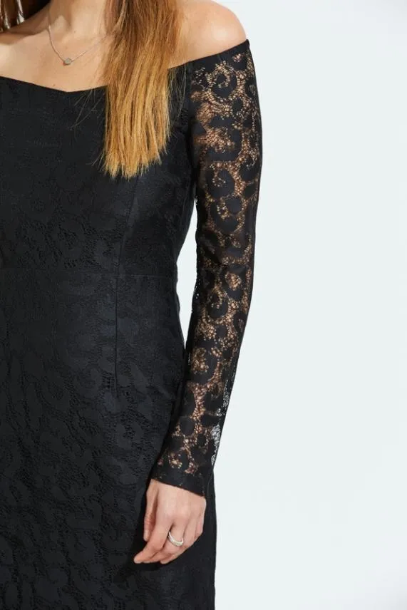 Sosandar Black Lace Long Sleeve Bardot Midi Dress Black Women Dresses
