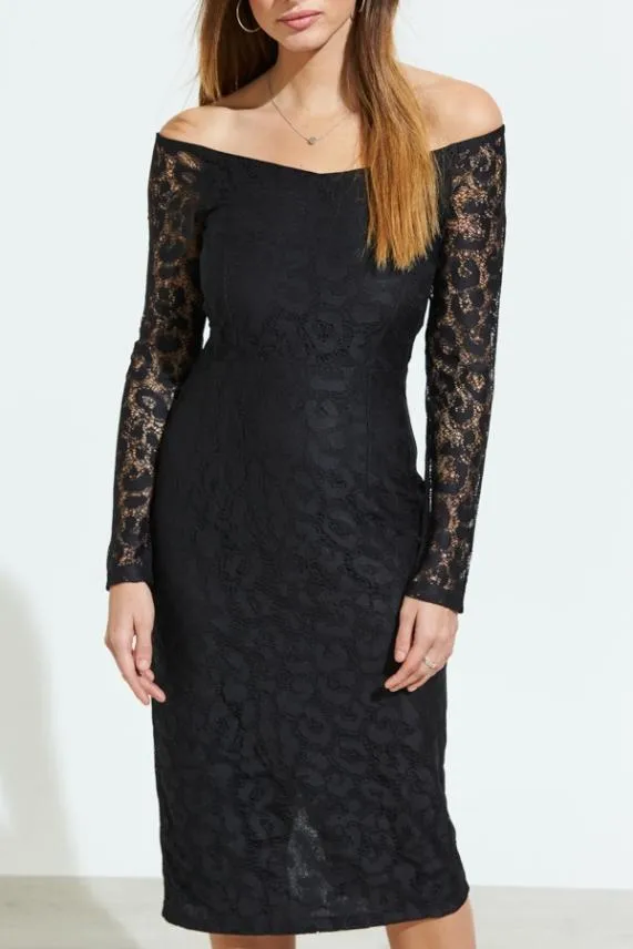 Sosandar Black Lace Long Sleeve Bardot Midi Dress Black Women Dresses