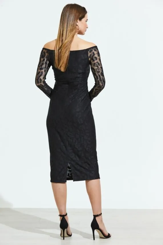 Sosandar Black Lace Long Sleeve Bardot Midi Dress Black Women Dresses