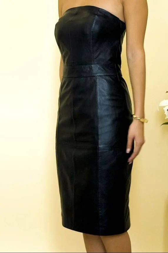 Sosandar Black Leather Bandeau Dress Black Women Dresses