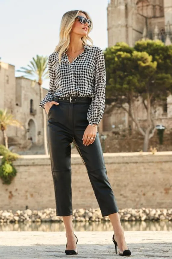 Sosandar Black Leather Belted Cropped Trousers Black Women Trousers and Leggings Sosandar Black Leather Belted Cropped Trousers Black Women Trousers and Leggings