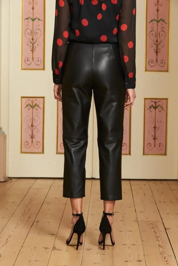 Sosandar Black Leather Belted Cropped Trousers Black Women Trousers and Leggings