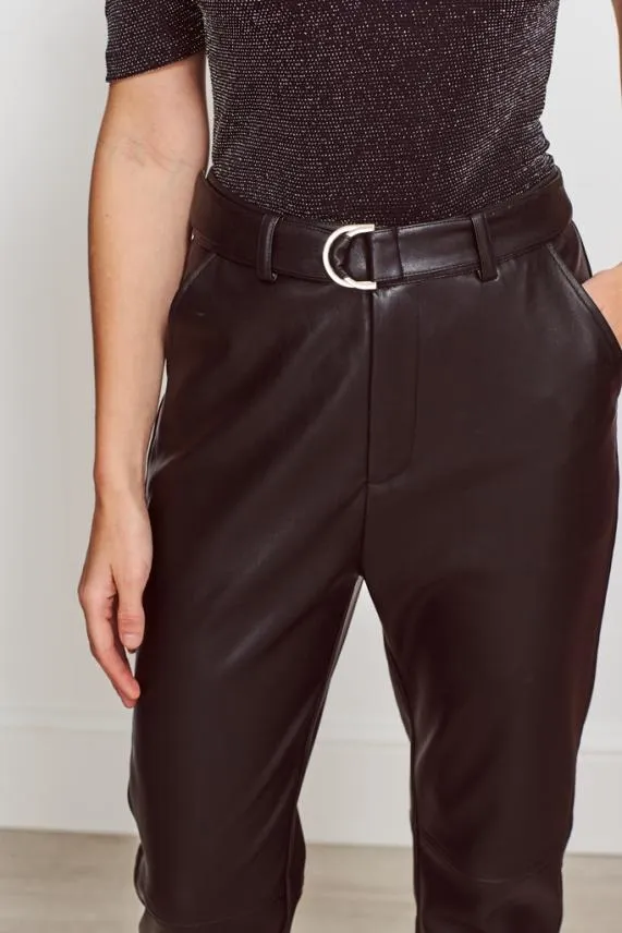 Sosandar Black Leather Look D Ring Belted Trousers Black Women Trousers and Leggings