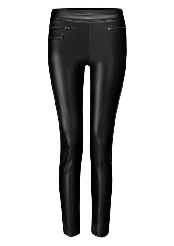 Sosandar Black Leather Look Front Panel Leggings Black Women Trousers and Leggings