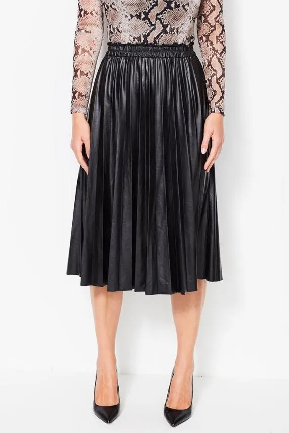 Sosandar Black Leather Look Pleated Midi Skirt Black Women Skirts