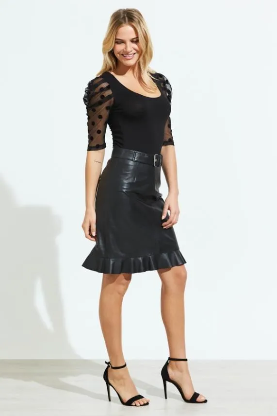 Sosandar Black Leather Ruffle Hem Skirt Black Women Skirts