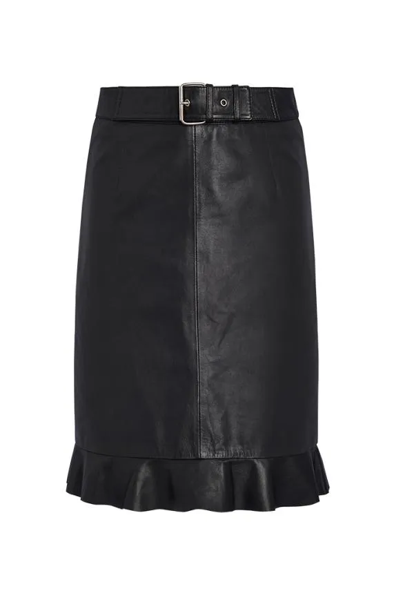 Sosandar Black Leather Ruffle Hem Skirt Black Women Skirts