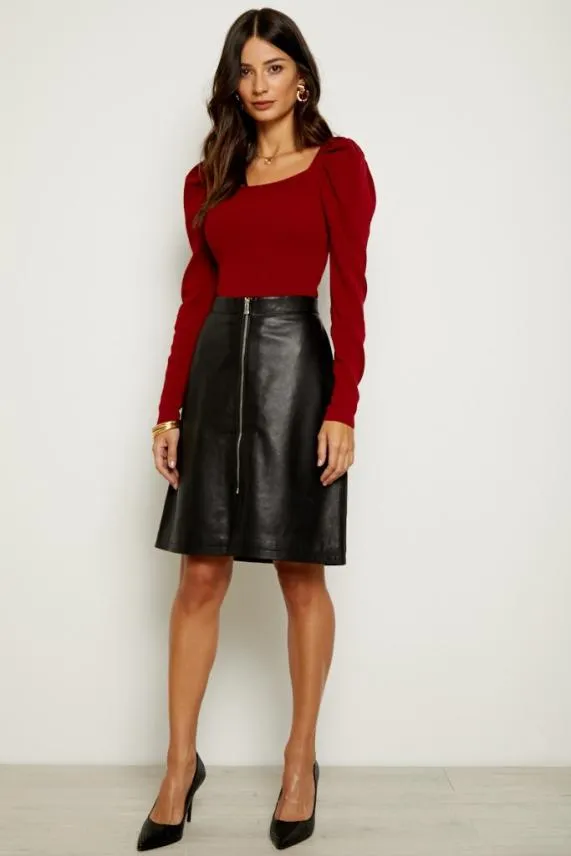 Sosandar Black Leather Zip Front A Line Skirt Black Women Skirts