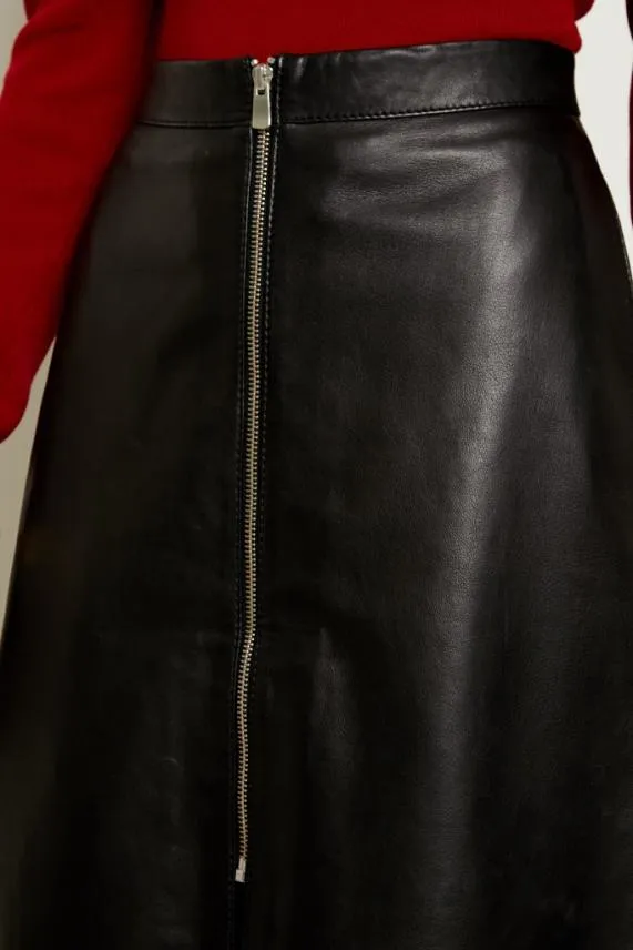 Sosandar Black Leather Zip Front A Line Skirt Black Women Skirts