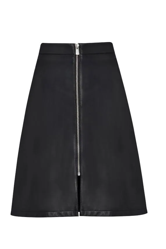 Sosandar Black Leather Zip Front A Line Skirt Black Women Skirts