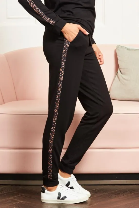 Sosandar Black Leopard Print Stripe Joggers Black Women Loungewear