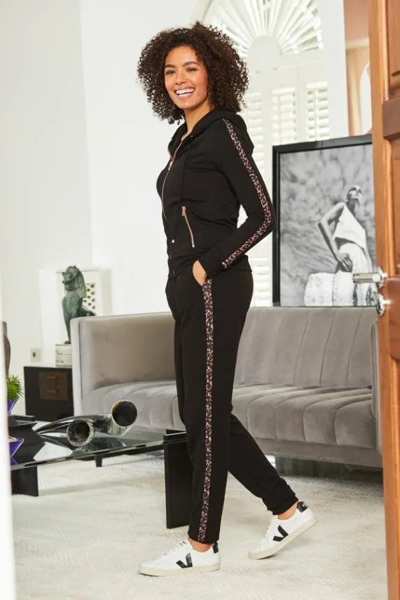 Sosandar Black Leopard Print Stripe Joggers Black Women Loungewear