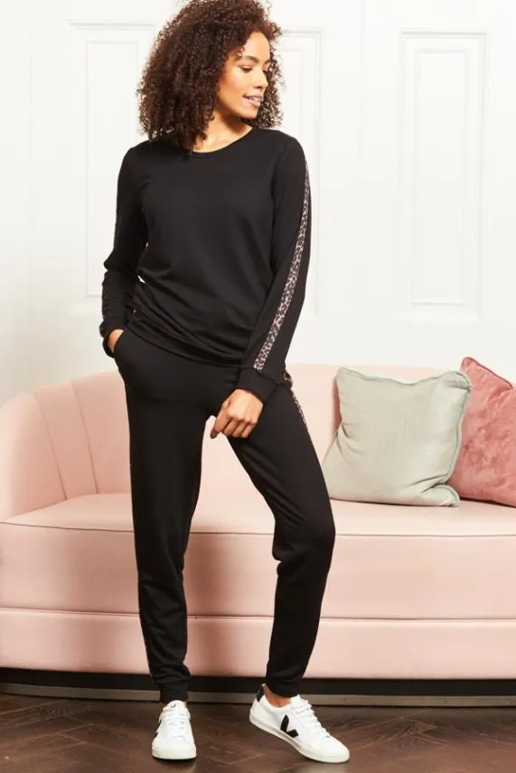 Sosandar Black Leopard Print Stripe Joggers Black Women Loungewear