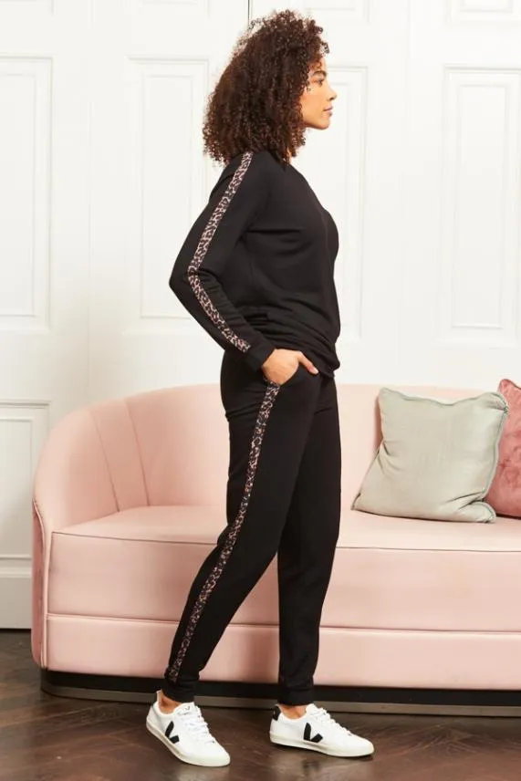 Sosandar Black Leopard Print Stripe Jumper Black Women Loungewear