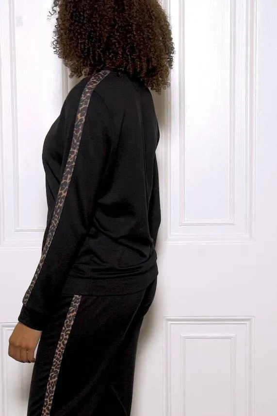 Sosandar Black Leopard Print Stripe Jumper Black Women Loungewear