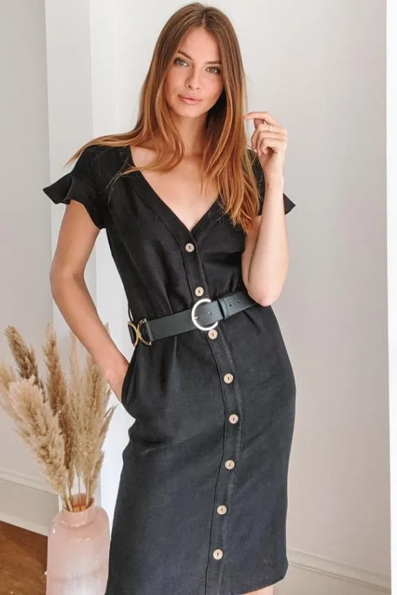 Sosandar Black Linen Button Front Ruffle Sleeve Dress Black Women Dresses