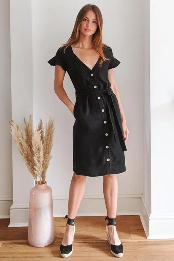 Sosandar Black Linen Button Front Ruffle Sleeve Dress Black Women Dresses