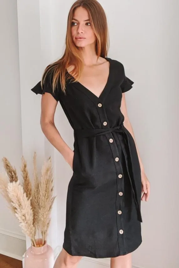 Sosandar Black Linen Button Front Ruffle Sleeve Dress Black Women Dresses