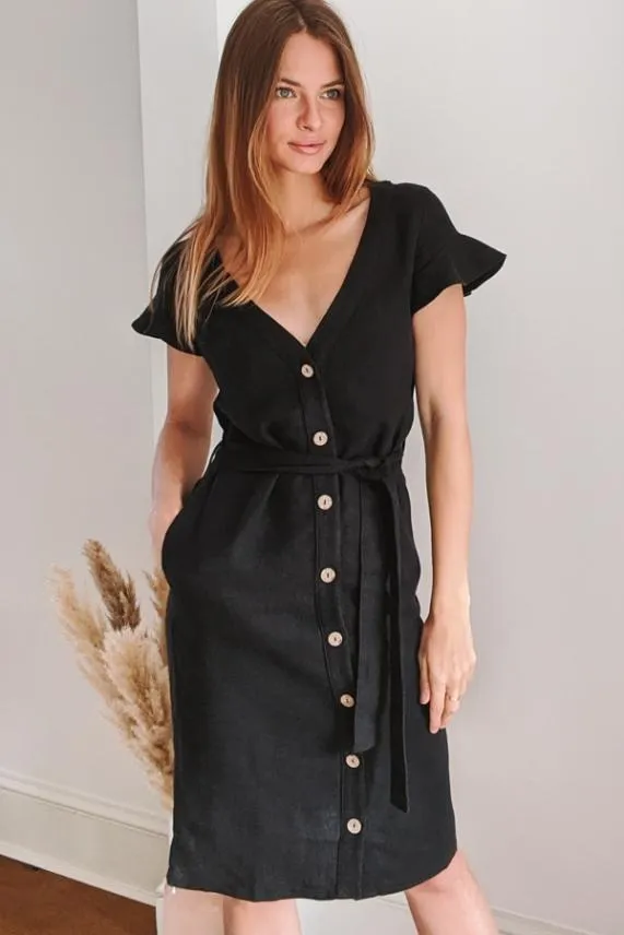 Sosandar Black Linen Button Front Ruffle Sleeve Dress Black Women Dresses
