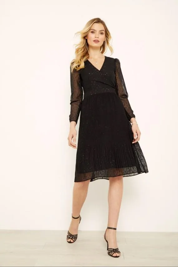 Sosandar Black Lurex Spot Wrap Front Pleat Detail Dress Black Women Dresses