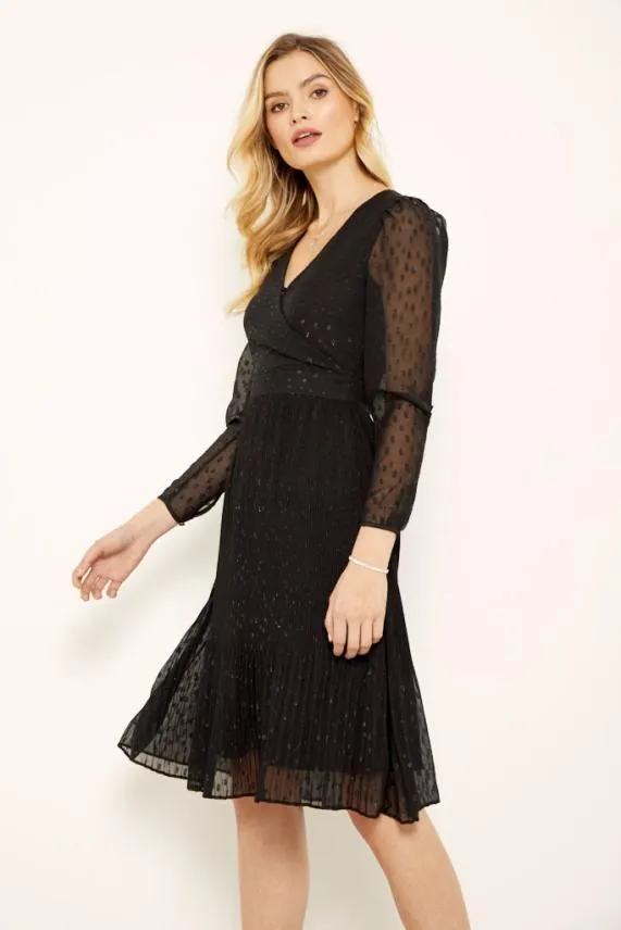Sosandar Black Lurex Spot Wrap Front Pleat Detail Dress Black Women Dresses