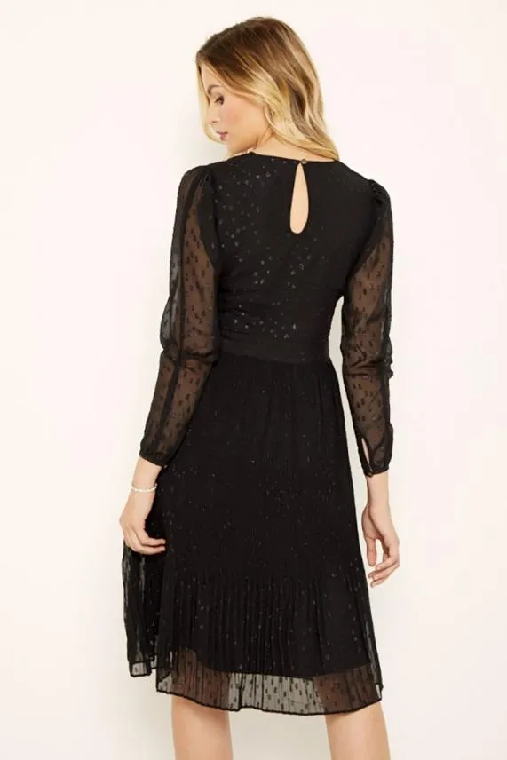 Sosandar Black Lurex Spot Wrap Front Pleat Detail Dress Black Women Dresses