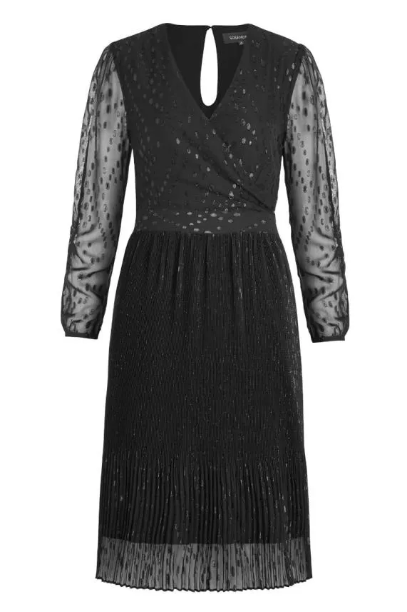 Sosandar Black Lurex Spot Wrap Front Pleat Detail Dress Black Women Dresses