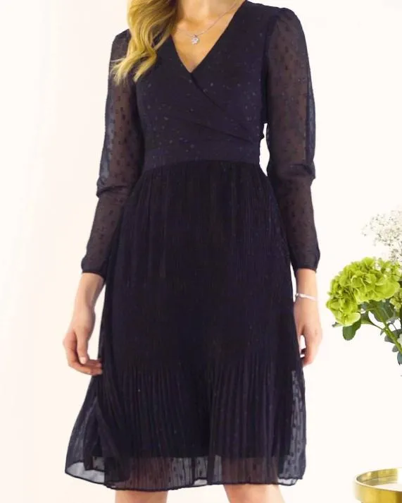 Sosandar Black Lurex Spot Wrap Front Pleat Detail Dress Black Women Dresses
