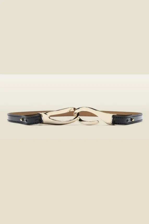 Sosandar Black Patent Leather Skinny Waist Belt With Gold Clasp Black Women Bags and Belts