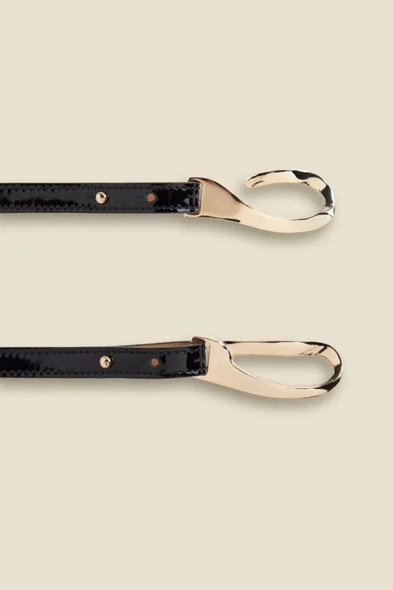 Sosandar Black Patent Leather Skinny Waist Belt With Gold Clasp Black Women Bags and Belts