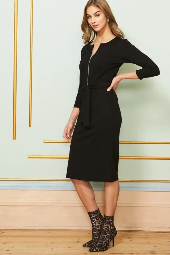 Sosandar Black Ponte Zip Front Belted Midi Dress Black Women Dresses