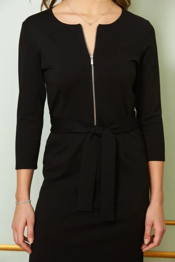Sosandar Black Ponte Zip Front Belted Midi Dress Black Women Dresses