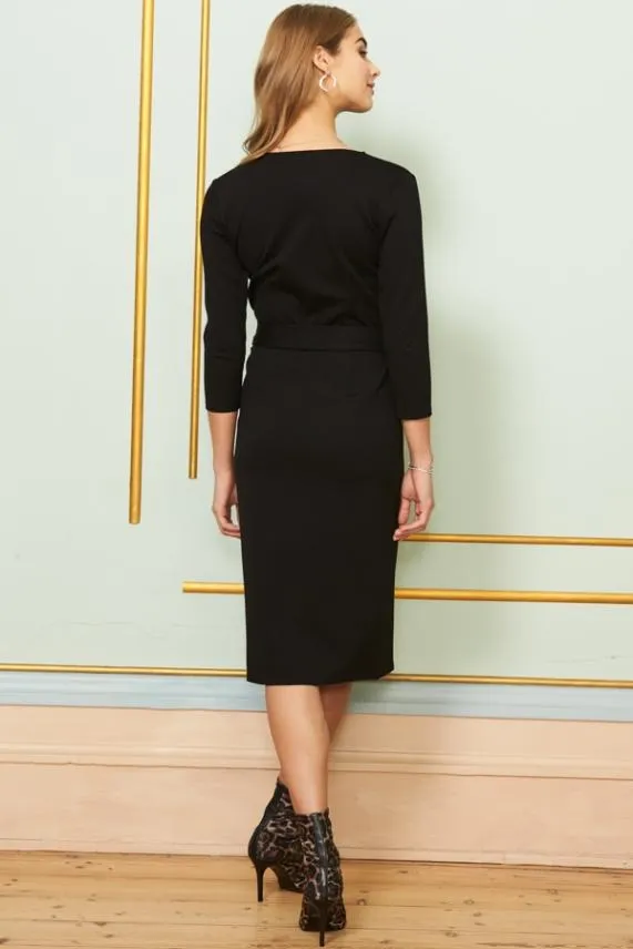 Sosandar Black Ponte Zip Front Belted Midi Dress Black Women Dresses