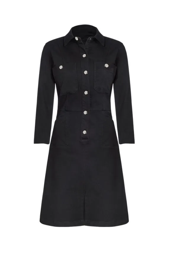 Sosandar Black Popper Front 34 Sleeve Stretch Denim Dress Black Women Dresses
