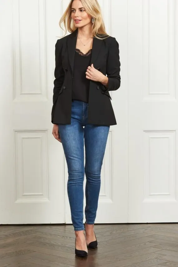 Sosandar Black Silky Detail Tuxedo Blazer Black Women Jackets and Coats