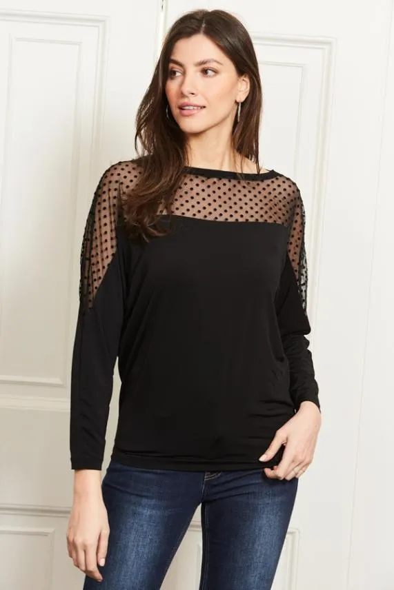 Sosandar Black Spot Mesh Panel Jersey Top Black Women Tops