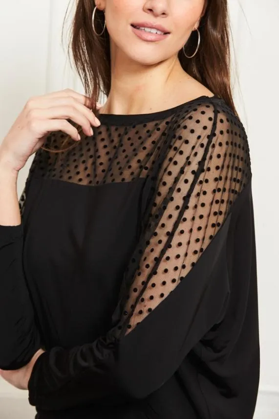 Sosandar Black Spot Mesh Panel Jersey Top Black Women Tops