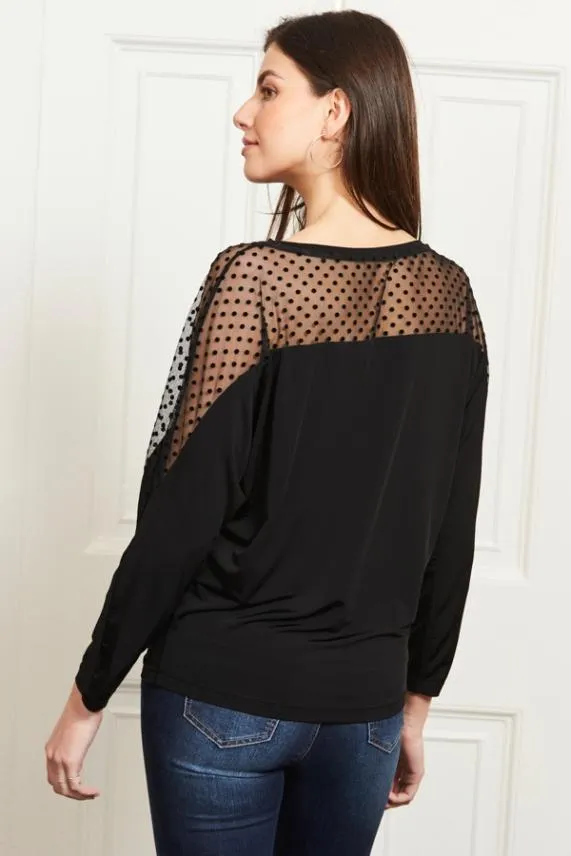 Sosandar Black Spot Mesh Panel Jersey Top Black Women Tops
