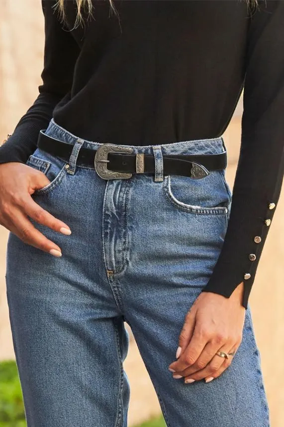 Sosandar Black Suede Western Buckle Waist Belt Black Women Bags and Belts
