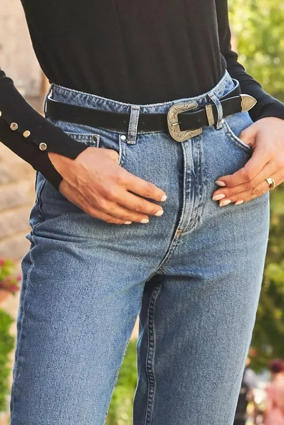 Sosandar Black Suede Western Buckle Waist Belt Black Women Bags and Belts