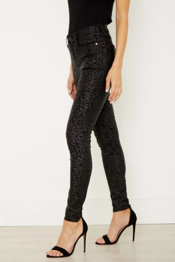 Sosandar Black Textured Leopard Print Coated Skinny Jeans Black Women Jeans and Jeggings