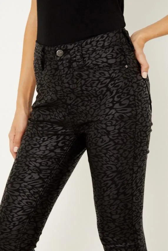 Sosandar Black Textured Leopard Print Coated Skinny Jeans Black Women Jeans and Jeggings