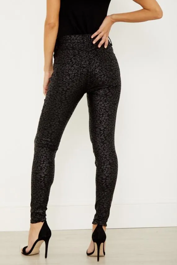 Sosandar Black Textured Leopard Print Coated Skinny Jeans Black Women Jeans and Jeggings