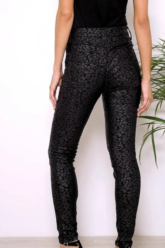 Sosandar Black Textured Leopard Print Coated Skinny Jeans Black Women Jeans and Jeggings