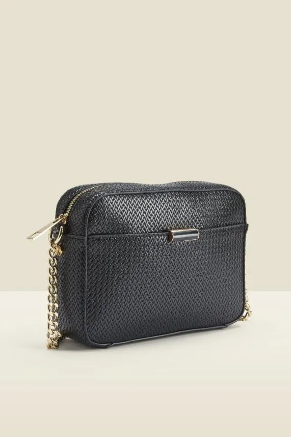 Sosandar Black Woven Faux Leather Shoulder Bag Black Women Bags and Belts